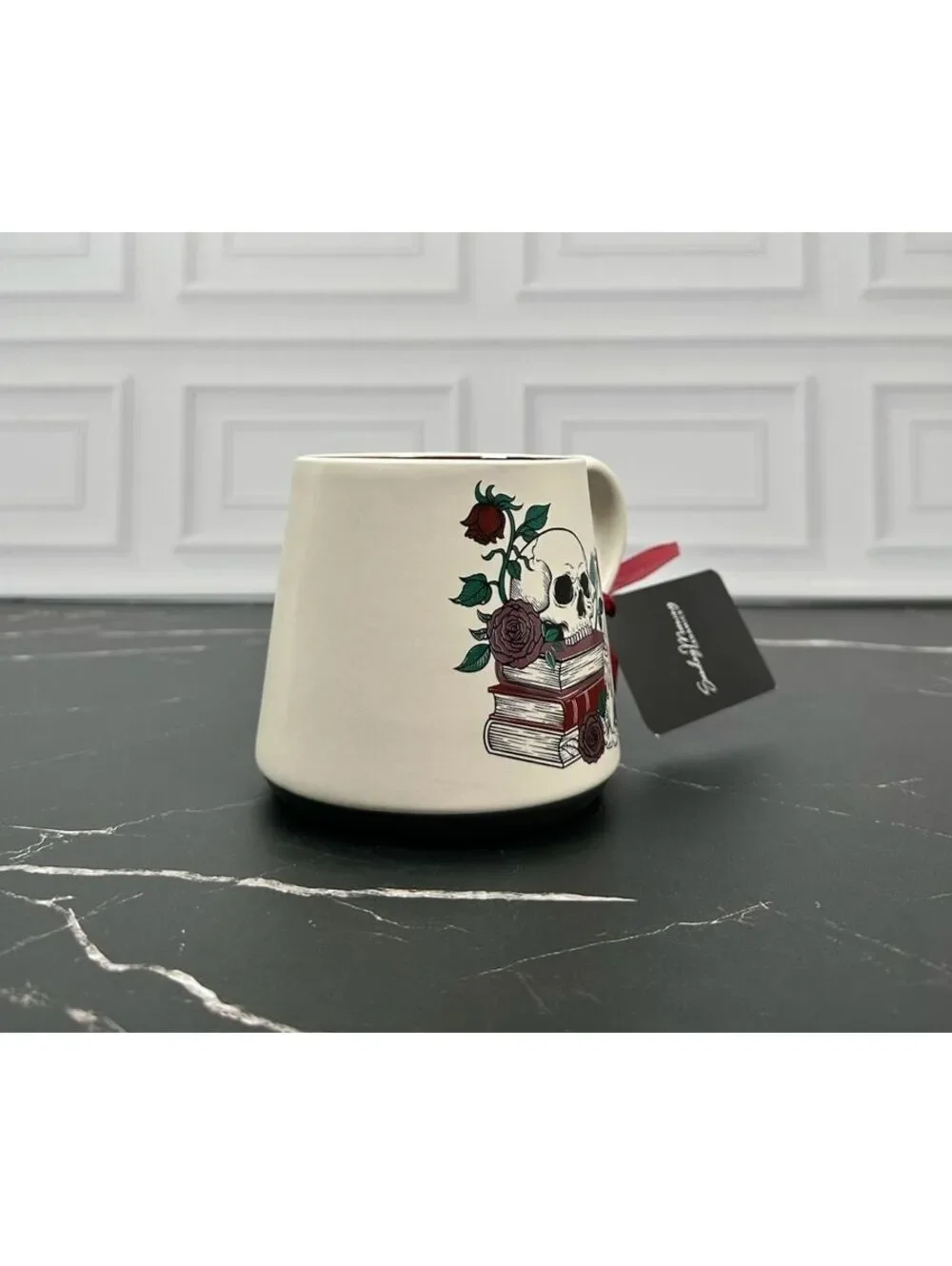 Sunday Morning Ceramics Mug with Skull, Books, and Roses Design Coffee Cup